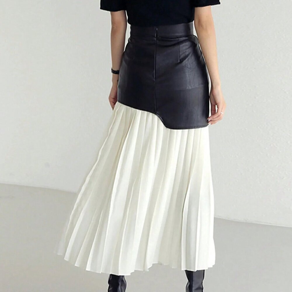 Black And White Casual Women's Faux Leather Patch Bodycon Skirt - Picture 2 of 4